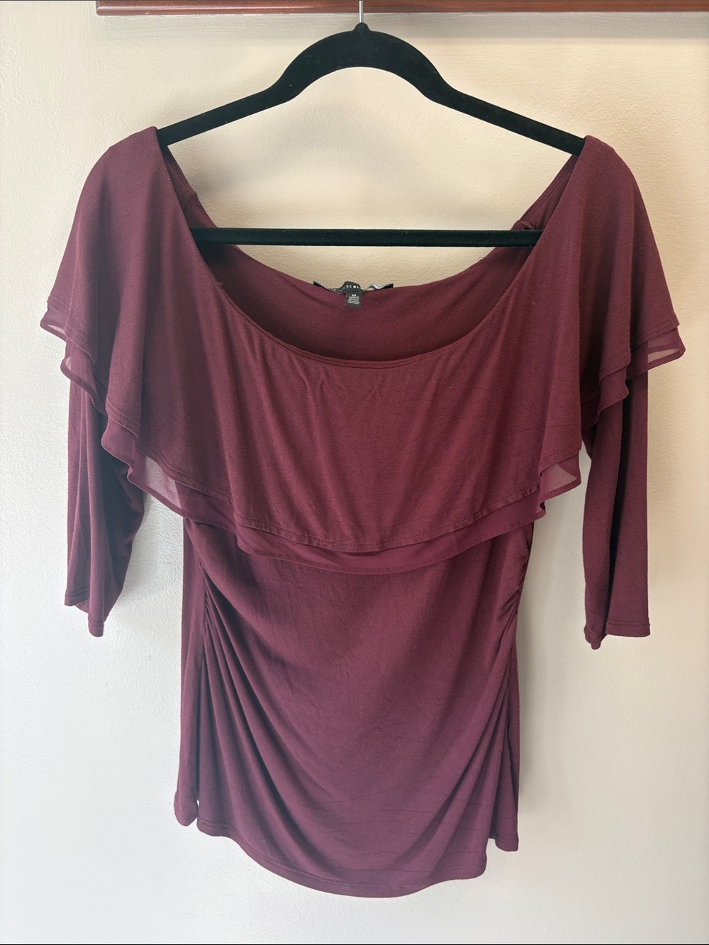 White House Black Market Off-Shoulder Ruffle Top in Wine